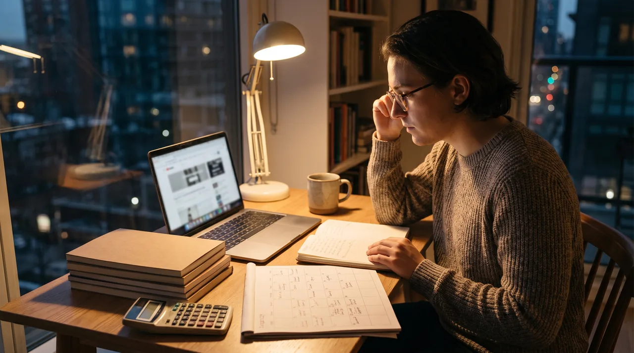 Premed student comparing MCAT prep course plans at a desk with review books and a study calendar