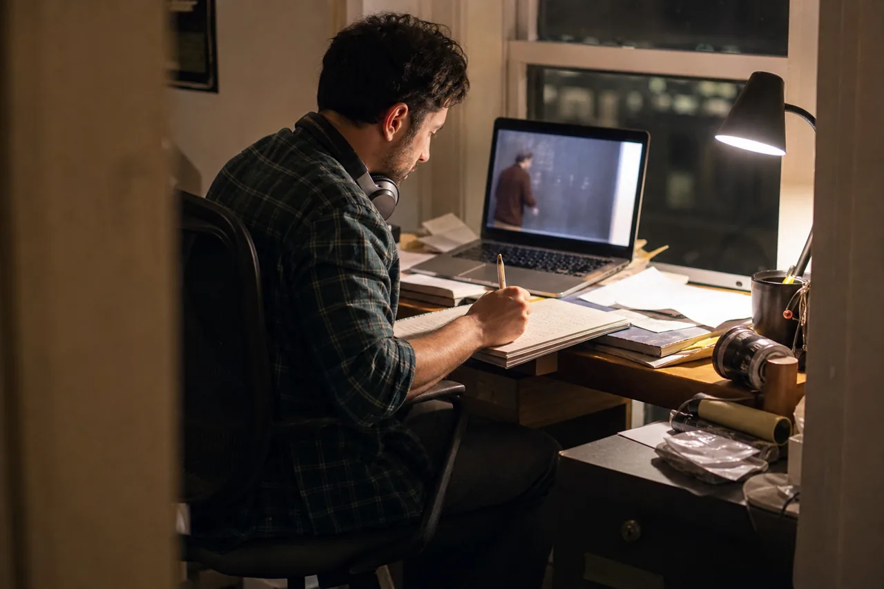 A graduate school applicant taking notes while watching a recorded online GRE math class on his laptop at night