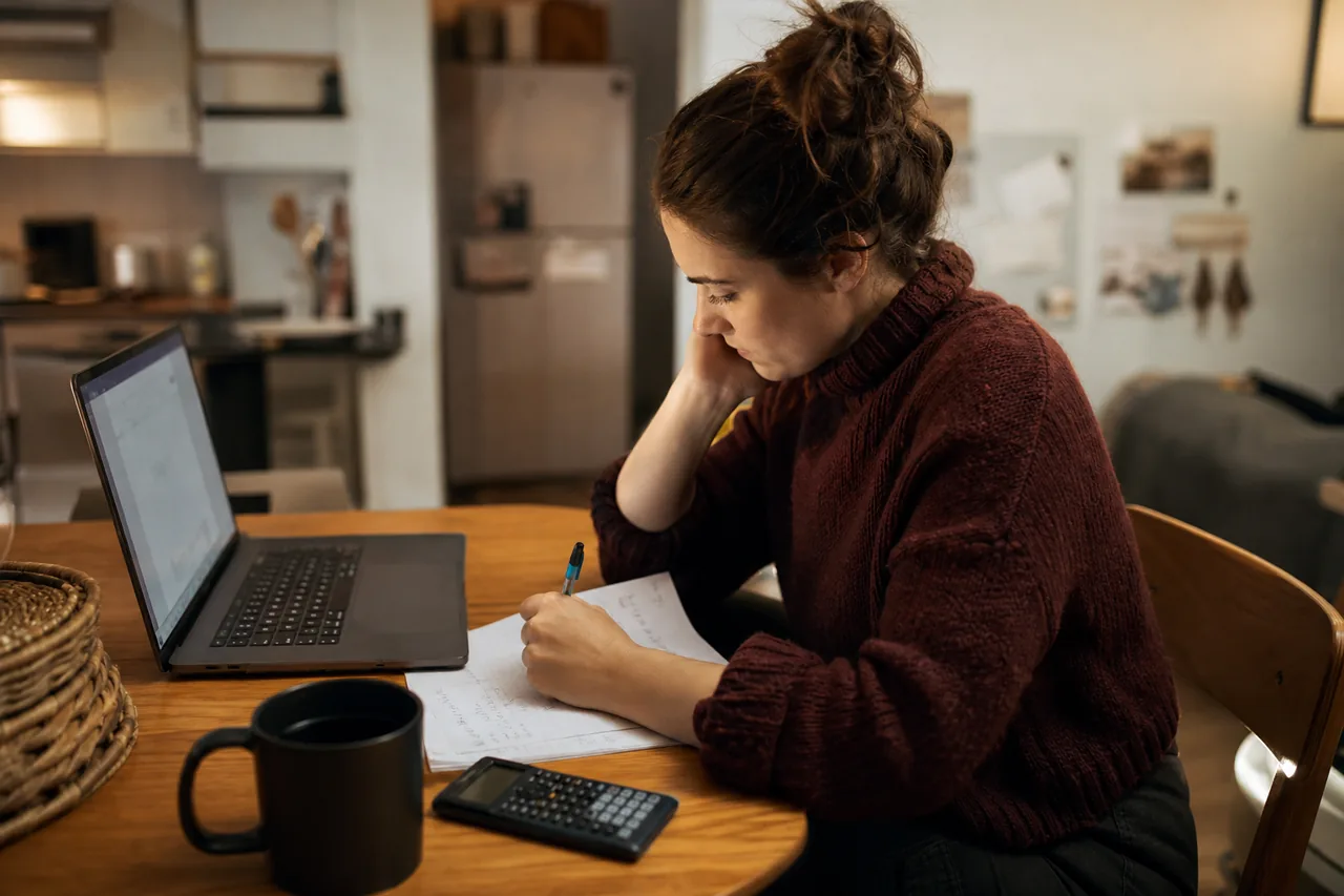 A graduate school applicant working through GRE practice questions on a laptop at her kitchen table in the evening
