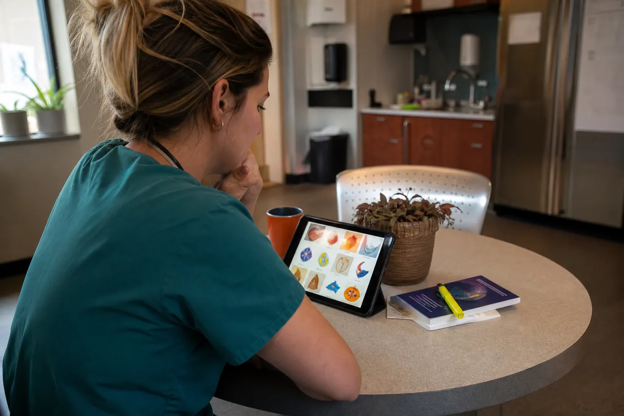 Nursing graduate in scrubs reviewing visual mnemonic flashcards on a tablet at a hospital break room table