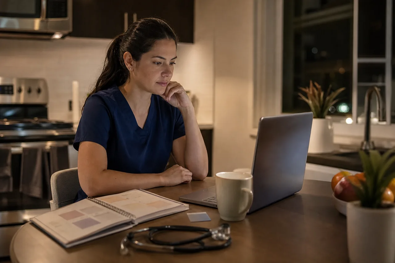 Nurse candidate in scrubs comparing NCLEX prep plans on a laptop at a kitchen table