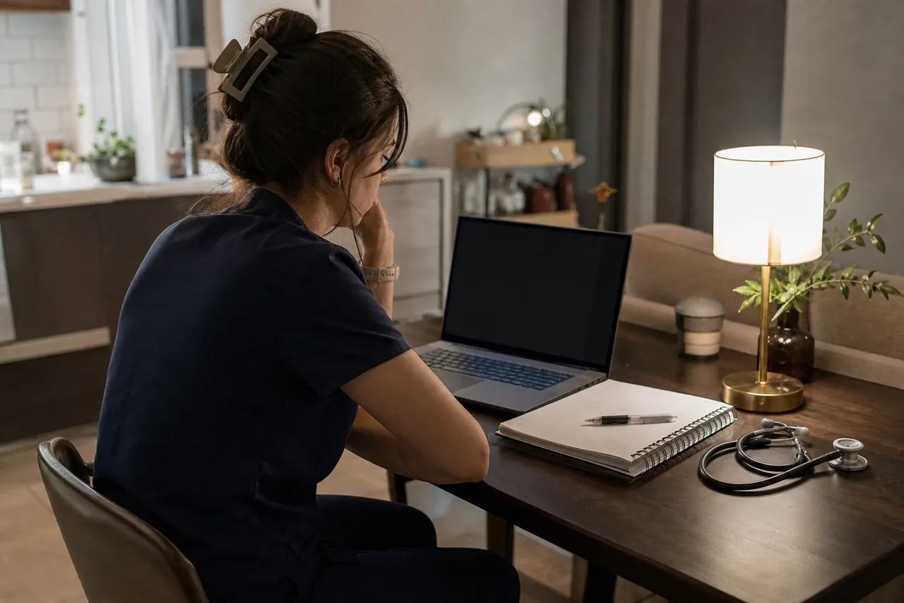Physician assistant graduate in scrubs preparing for the PANCE at a kitchen table with a laptop and stethoscope