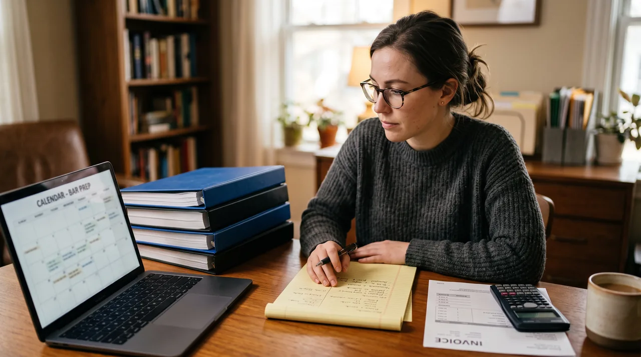 Law graduate comparing bar review course tuition at a desk with outlines, a calculator and a study calendar