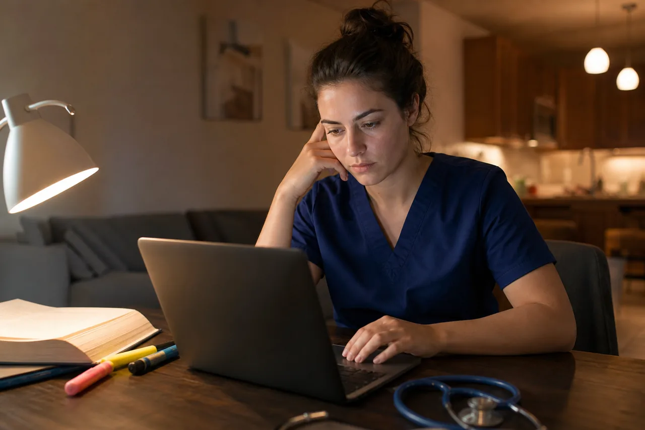 Medical candidate in scrubs working through COMLEX practice questions on a laptop at night